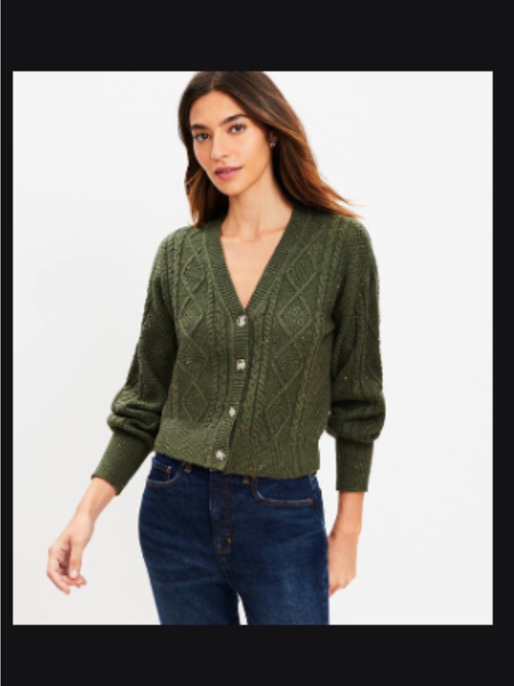 LOFT Olive Green Cable-Knit V-Neck Cardigan